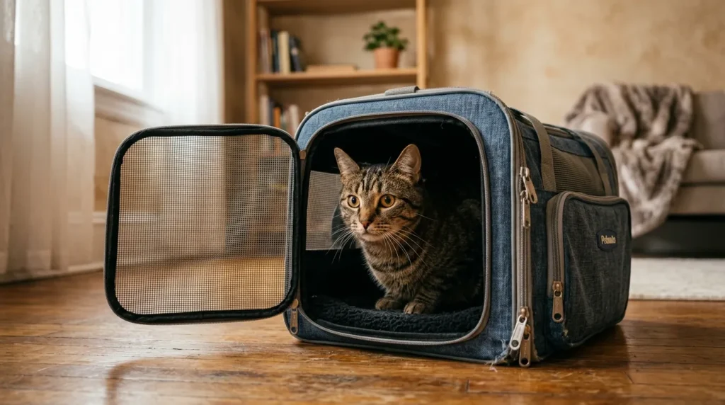 cat decompression phase — a new cat hiding inside a carrier with the door open in a quiet apartment room