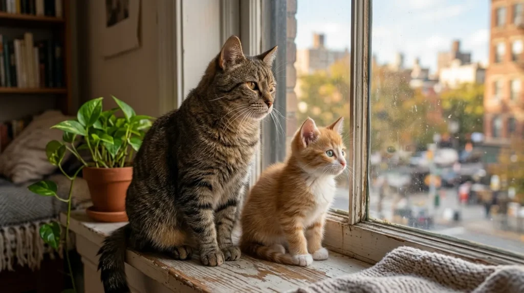 cat adjustment factors — a senior cat sitting calmly beside a kitten on an apartment windowsill 