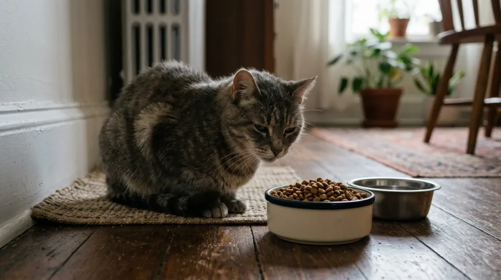 cat health concern — a cat that has not eaten looking lethargic beside an untouched food bowl 