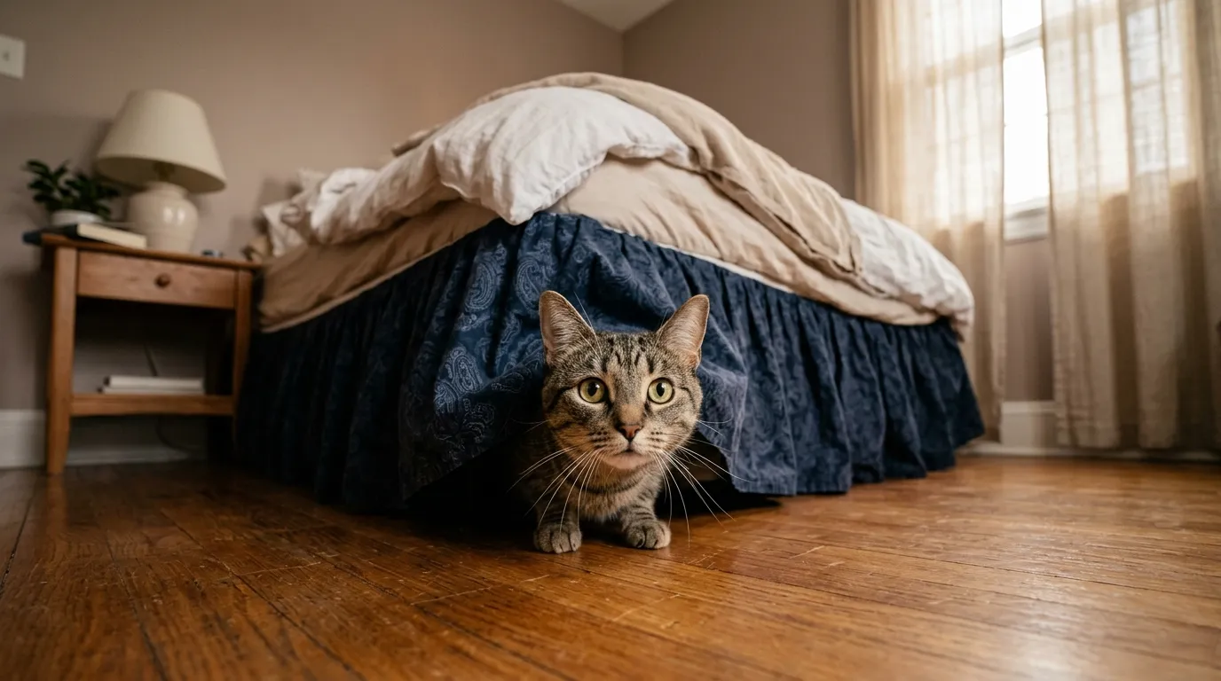 how long for new cat to adjust to home — a shy cat peeking out from under a bed in a softly lit apartment bedroom