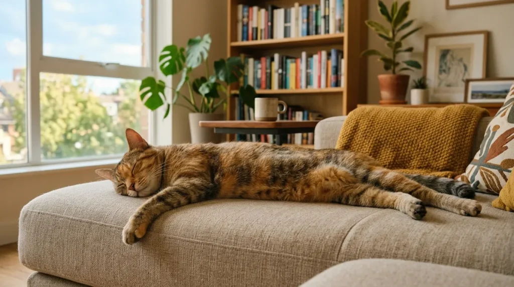 cat integration — a settled cat sleeping stretched out on a sofa in a bright apartment living room