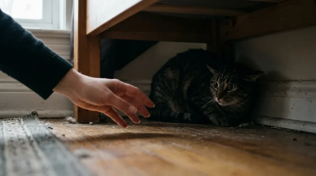 new cat adjustment mistake — a person reaching under a bed trying to pull out a hiding cat