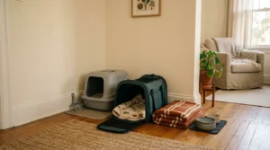 safe room setup — a small quiet apartment room with a litter box, water bowl and open carrier for a new cat
