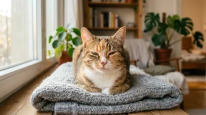 t body language trust — a cat slow blinking at a person in a sunlit apartment
