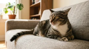 cat body language reading — a cat with ears sideways and tail flicking showing overstimulation signals