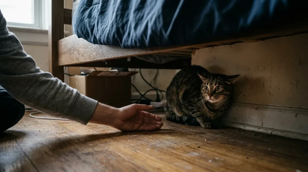 bonding mistake — a person reaching toward a hiding cat under a bed which causes the cat to press further back
