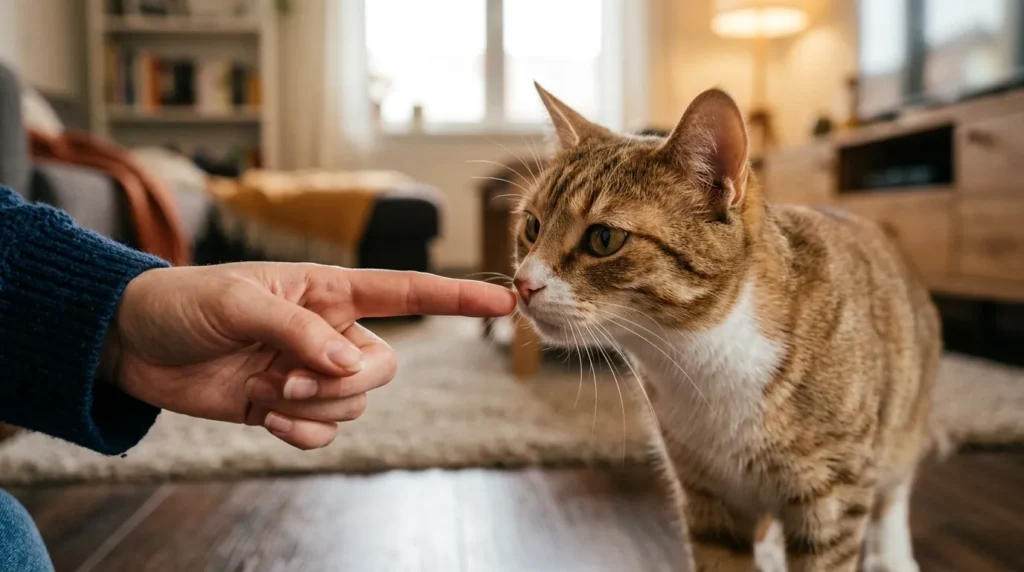 feline body language consent — a person extending an index finger toward a cat that leans forward to sniff it
