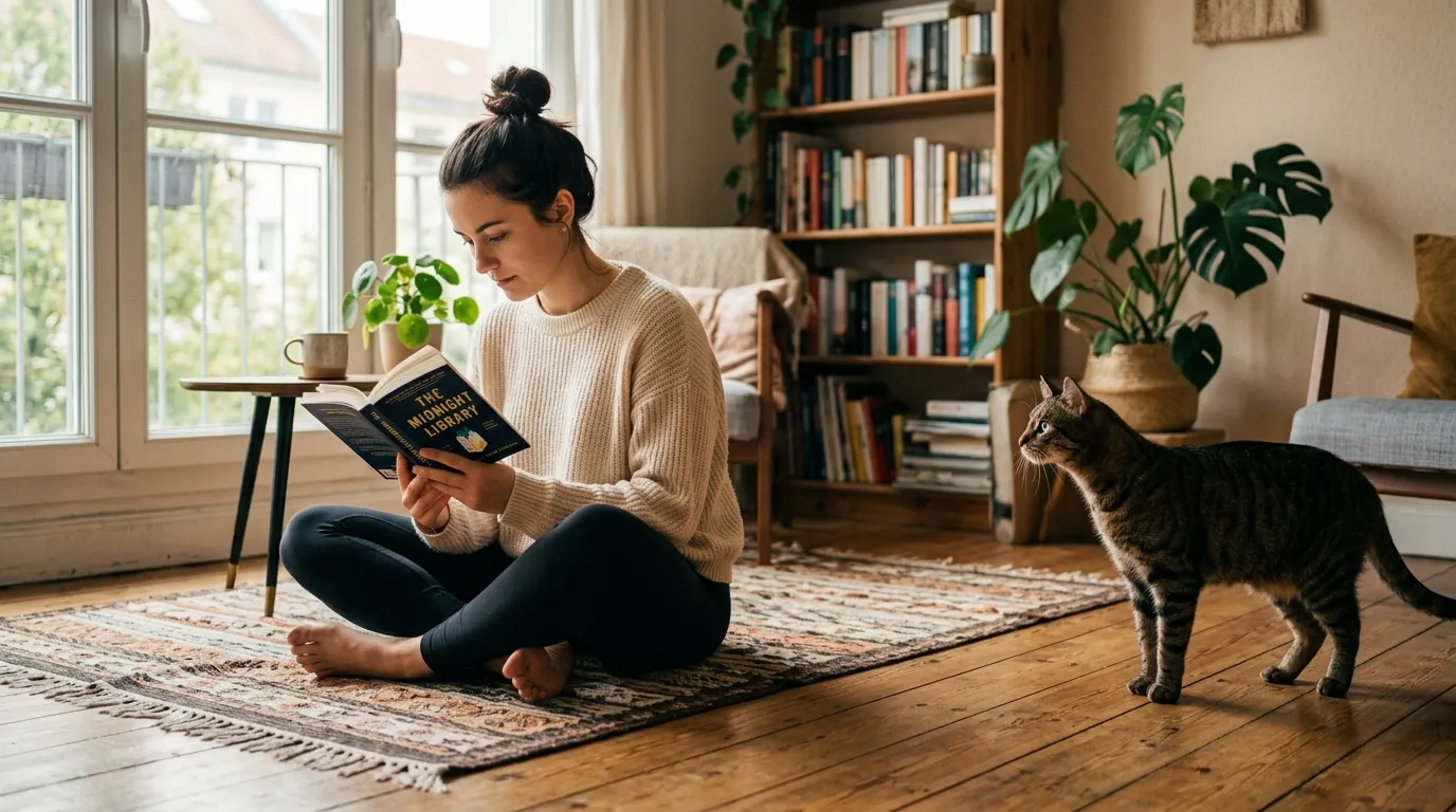 how to bond with new cat — a person sitting on the floor reading while a curious cat cautiously approaches from across the room