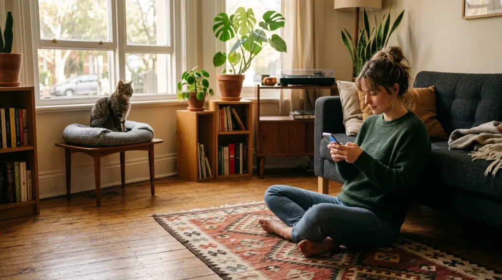 how to bond with new cat — a person sitting quietly on the floor while a cat watches from a distance in a bright apartment