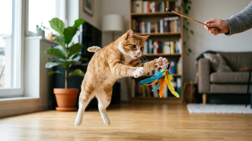 predatory play cycle — a cat mid-leap chasing a feather wand toy held by a person in a living room
