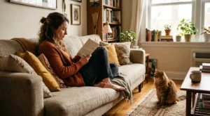 passive presence bonding — a person reading on an apartment sofa while a cat sits on the floor nearby watching