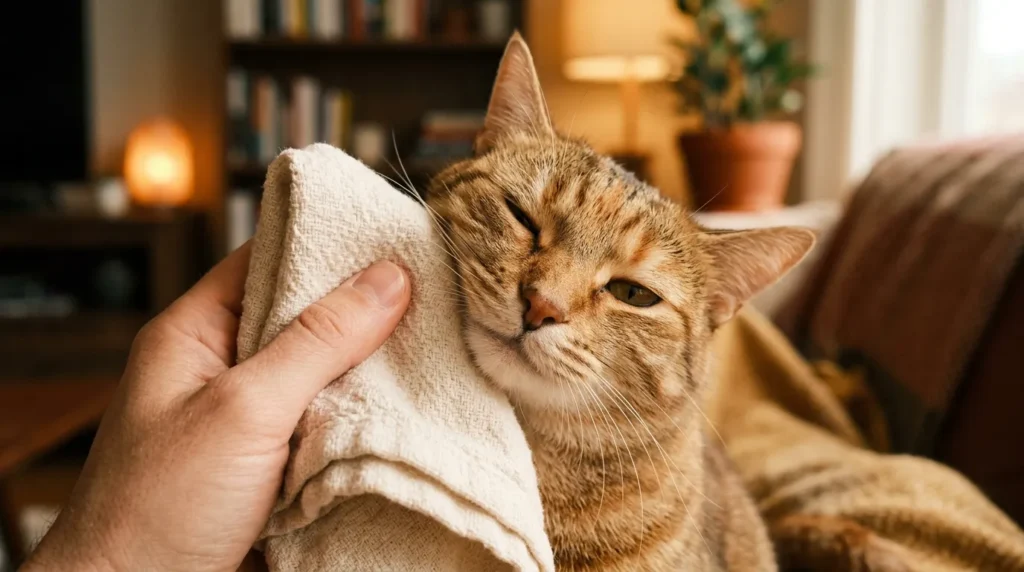 scent swapping bonding — a cat rubbing its cheek against a soft cloth held near its face