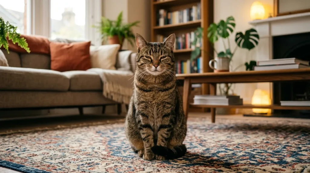 slow blink cat bonding — a cat making soft eye contact with half-closed relaxed eyes toward a person in a living room