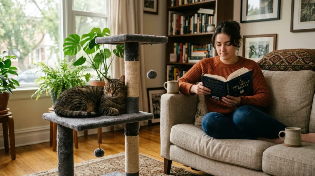 vertical territory bonding — a cat on a cat tree at eye level with a person sitting on a sofa nearby