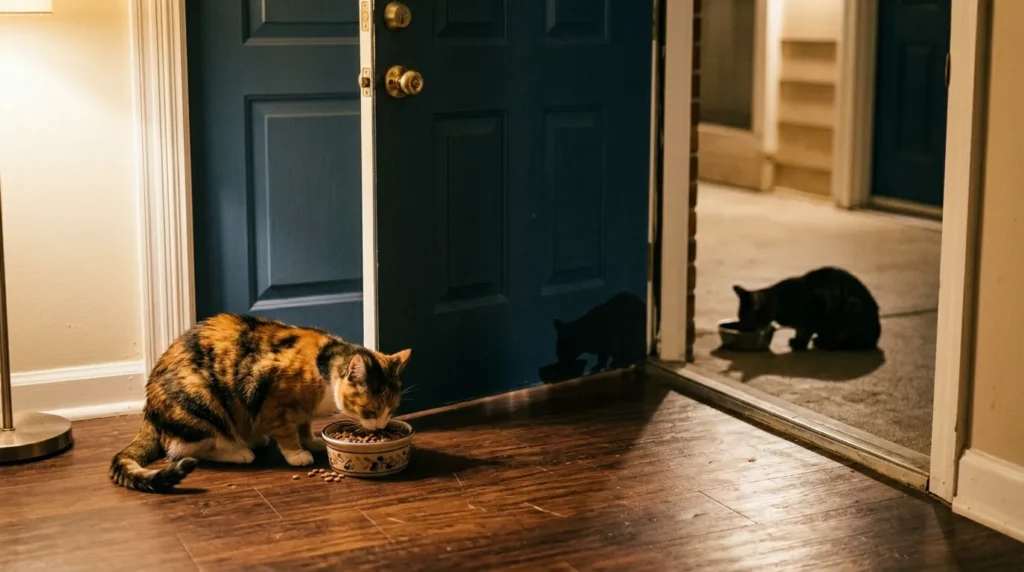 barrier feeding cats — two food bowls placed on opposite sides of a closed apartment door with both cats eating