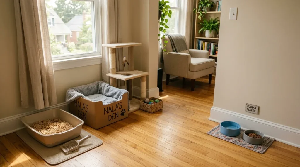 how to introduce new cat to home base camp — a small tidy apartment room set up with a litter box, cat tree, food bowl and bed for a new cat
