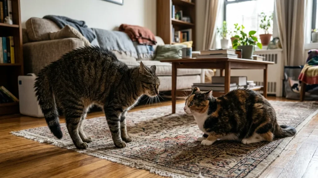 cat introduction mistake — two cats meeting face to face too soon with one cat hissing and the other crouching in a small apartment