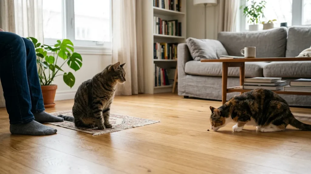 face to face cat meeting — two cats in the same apartment living room being supervised during their first in-person introduction