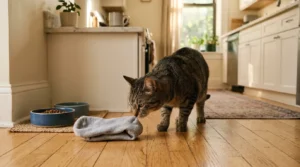 scent cloth method — a soft sock placed near a cat's food bowl in an apartment kitchen