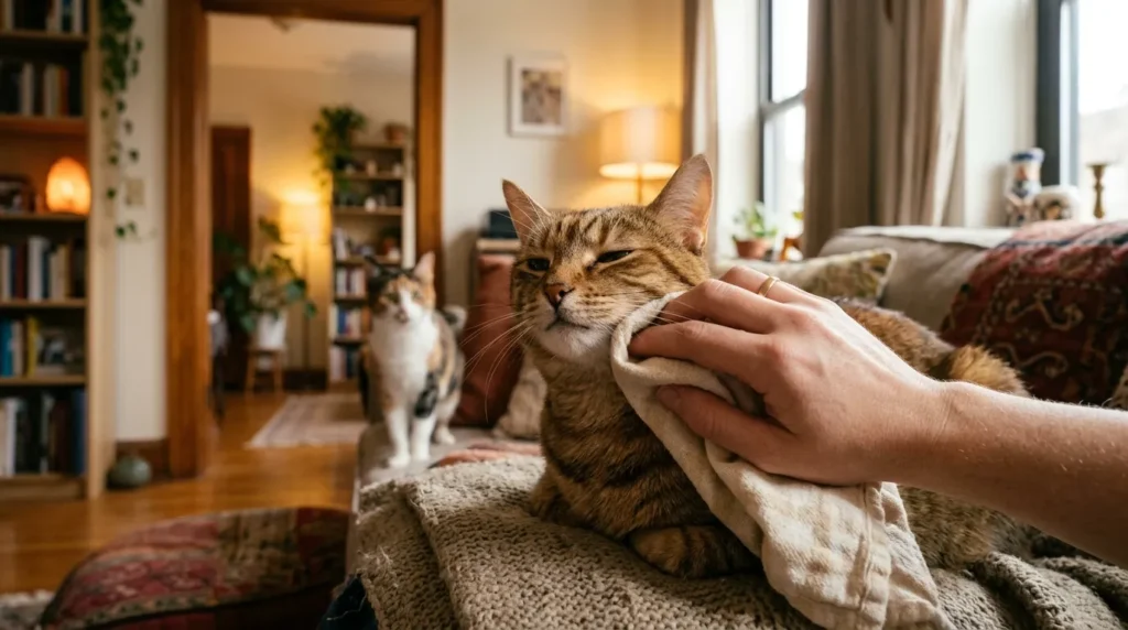 scent swapping cats — a person rubbing a soft cloth on a cat's cheek then carrying it to another room