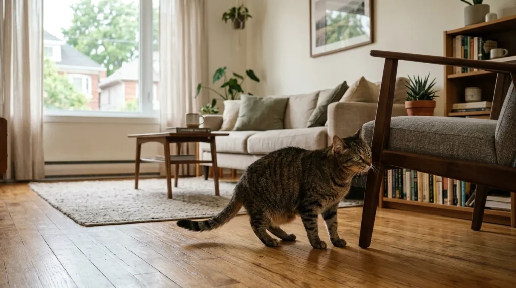 cat site swapping — a new cat cautiously exploring an apartment living room while no other cats are present