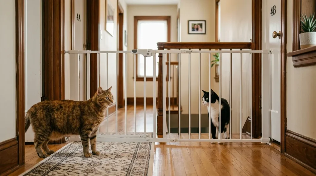 controlled visual contact cats — two cats seeing each other through a baby gate in an apartment hallway for the first time