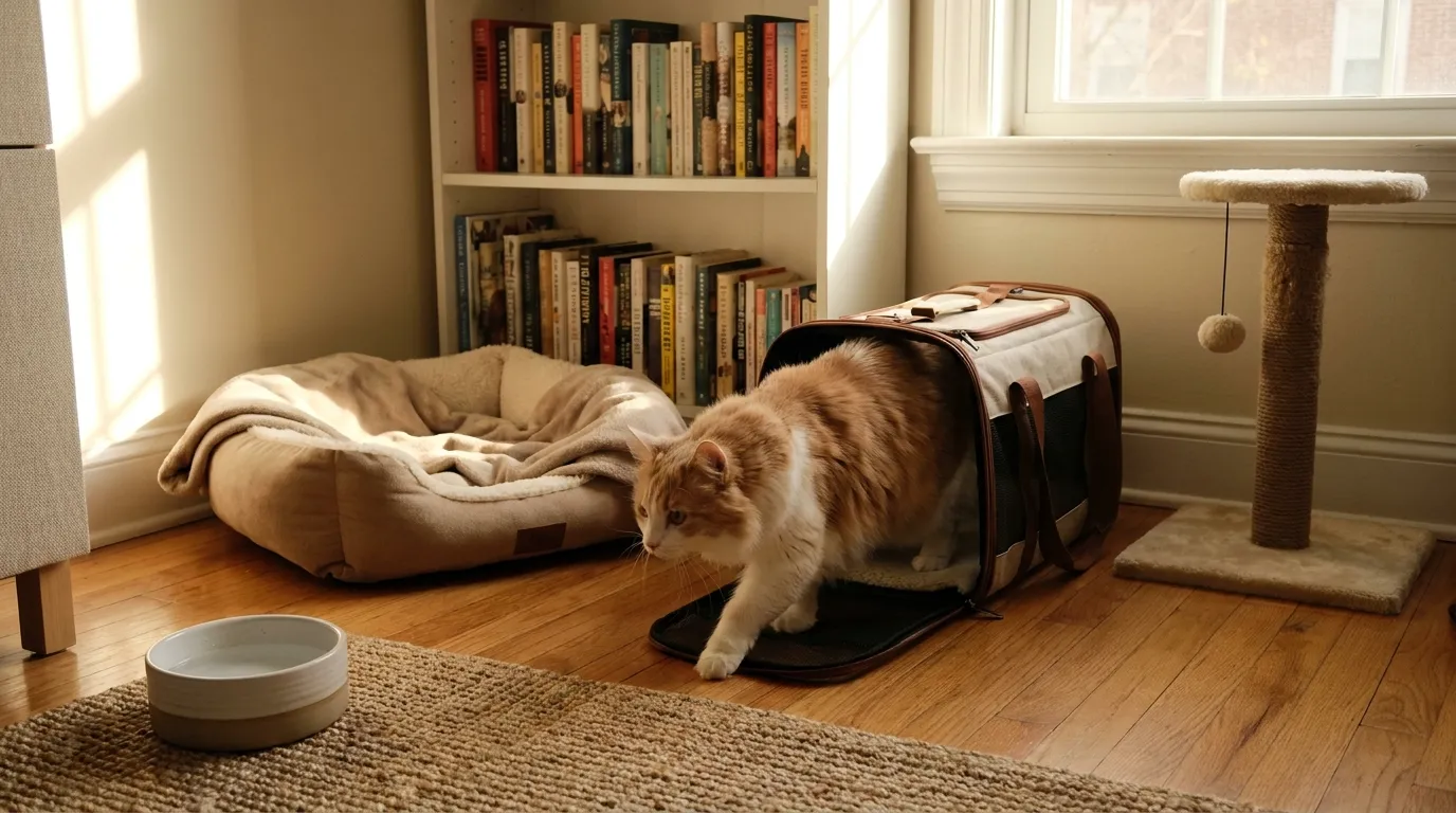 how to introduce new cat to home — a new cat cautiously stepping out of a carrier into a warmly prepared apartment room with a bed, bowl and cat tree visible