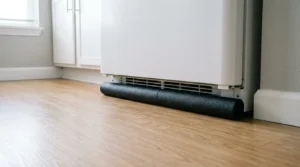 appliance gap blocker — foam pipe insulation cut and placed to seal the gap under an apartment refrigerator