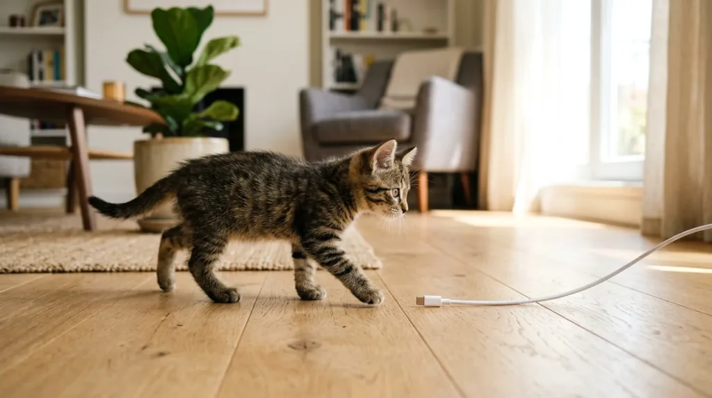 kitten proofing mistake — a kitten bypassing a bitter spray-treated cord by approaching from a different angle