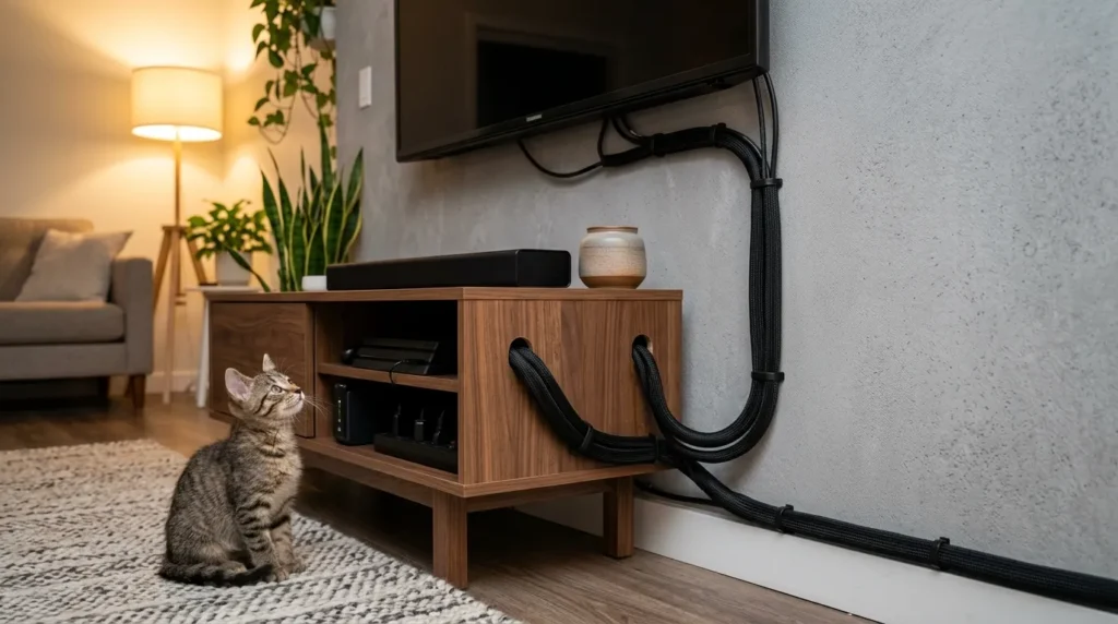 apartment cord safety kitten — cable sleeves organizing cords behind a TV unit in a modern apartment living room