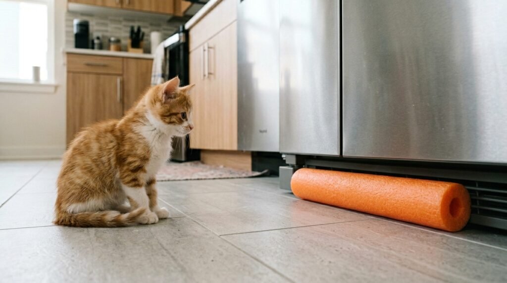 how to kitten proof apartment floor gaps — a pool noodle wedged under a kitchen appliance gap blocking kitten access