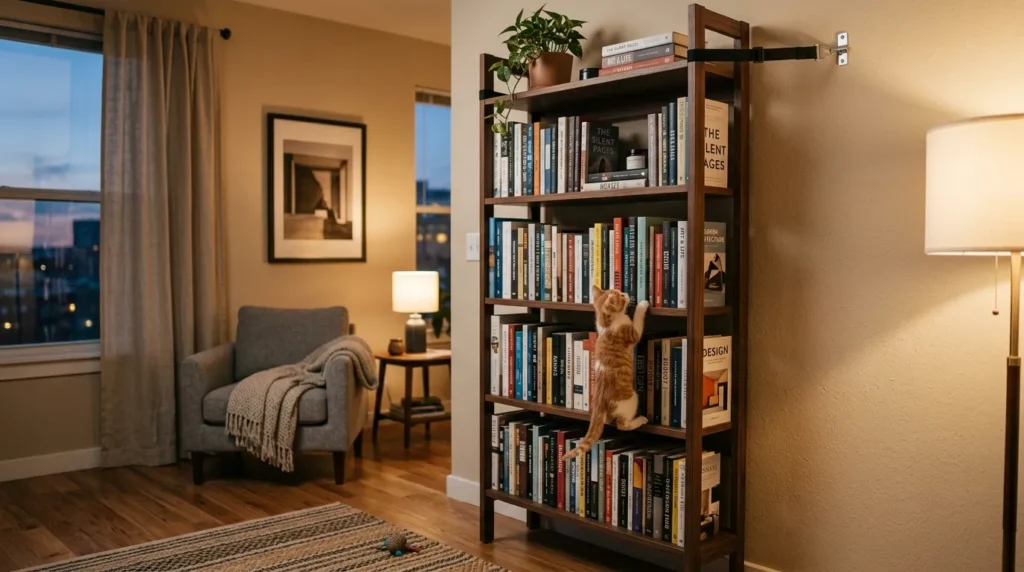 furniture anchoring apartment kitten — a tall IKEA-style bookshelf secured to a wall using adhesive furniture anchor straps