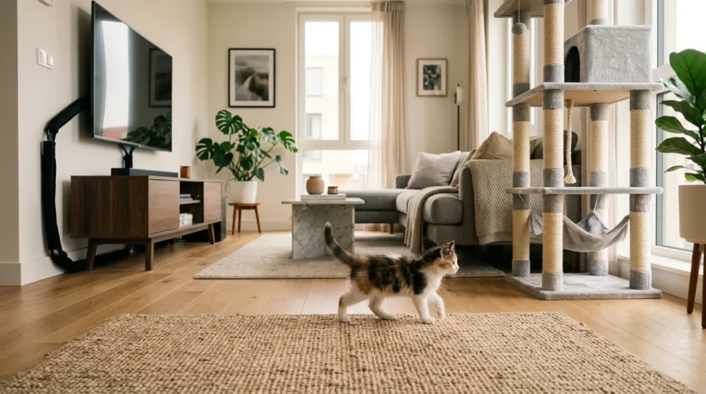 how to kitten proof apartment — a small kitten exploring a bright modern apartment living room with safety measures visible including covered cords and a stable cat tree