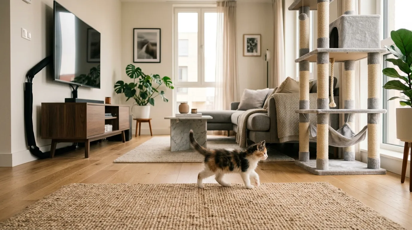 how to kitten proof apartment — a small kitten exploring a bright modern apartment living room with safety measures visible including covered cords and a stable cat tree