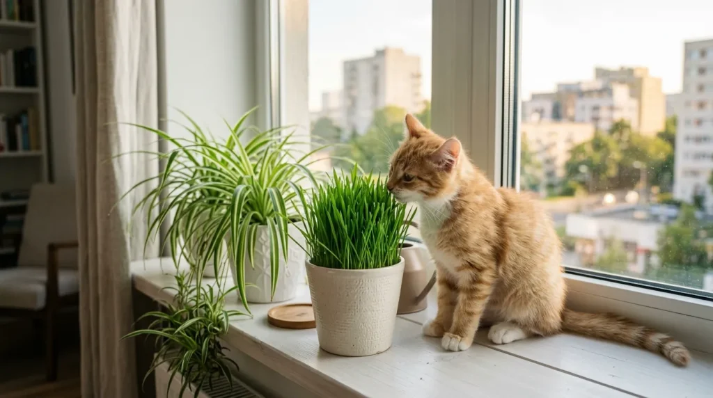 kitten safe plants apartment — spider plants and cat grass replacing toxic pothos on an apartment windowsill 