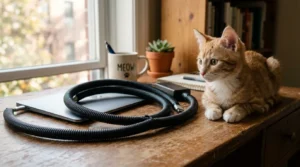 kitten cord protection — split loom tubing wrapped around laptop charging cables on an apartment desk