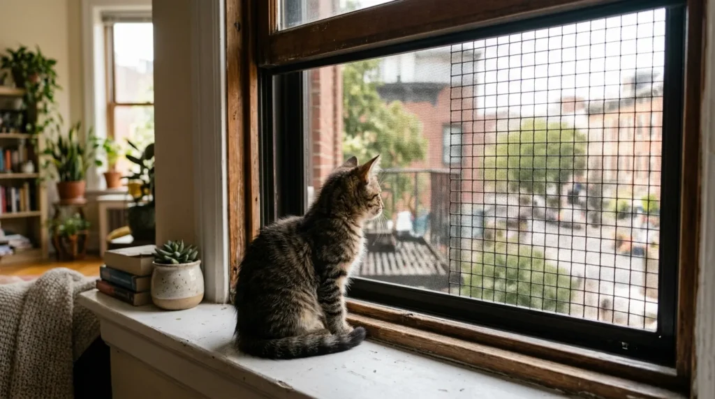 kitten window safety — a pet-grade reinforced window screen installed in an apartment window with a kitten looking out safely