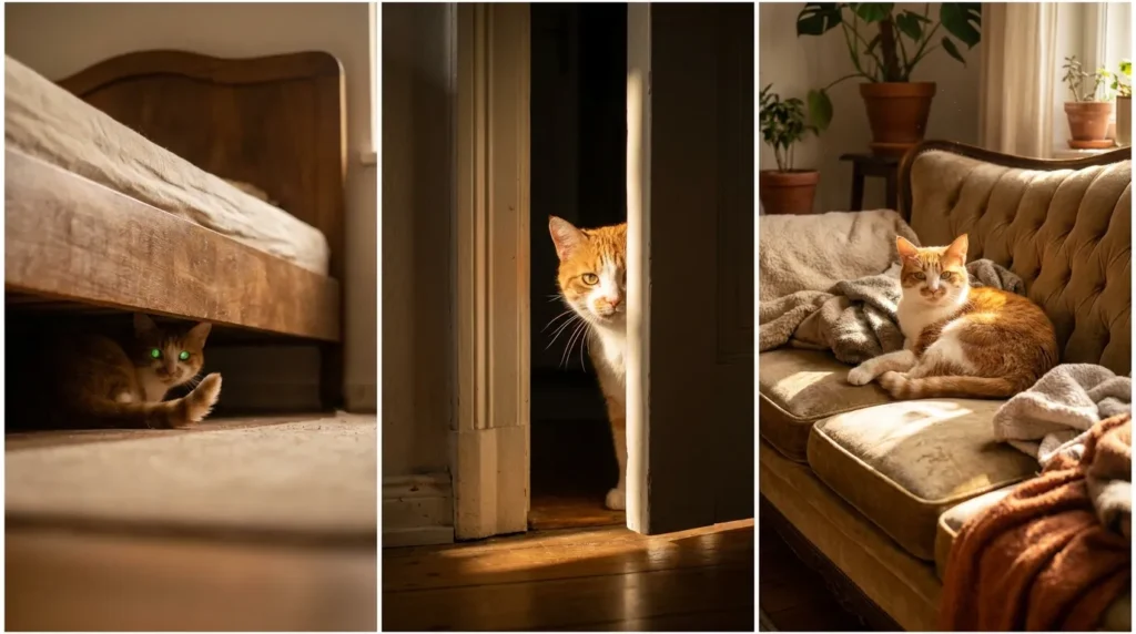 cat decompression timeline — three images showing a cat under a bed, peeking from a doorway and sitting on a sofa in sequence