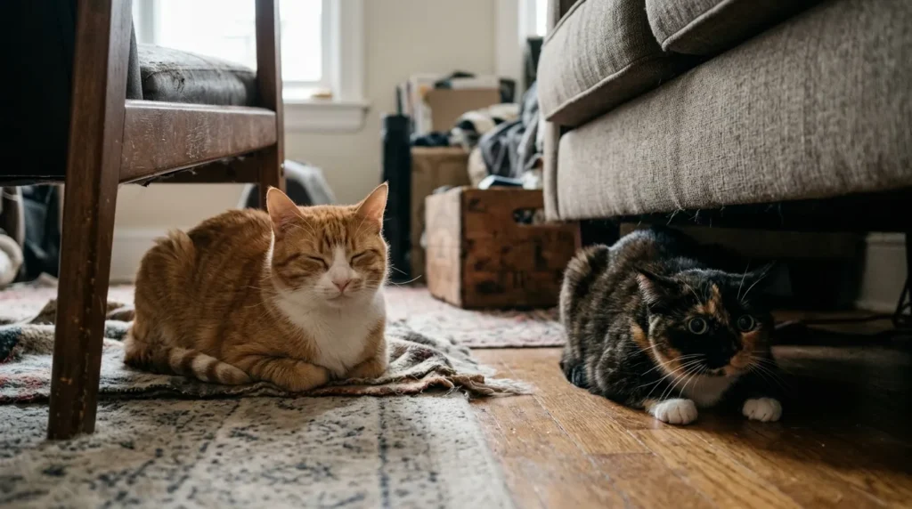 shy cat behavior — a cat in a loaf position tucked in a cardboard box looking calm versus a cat pressed flat with wide fearful eyes