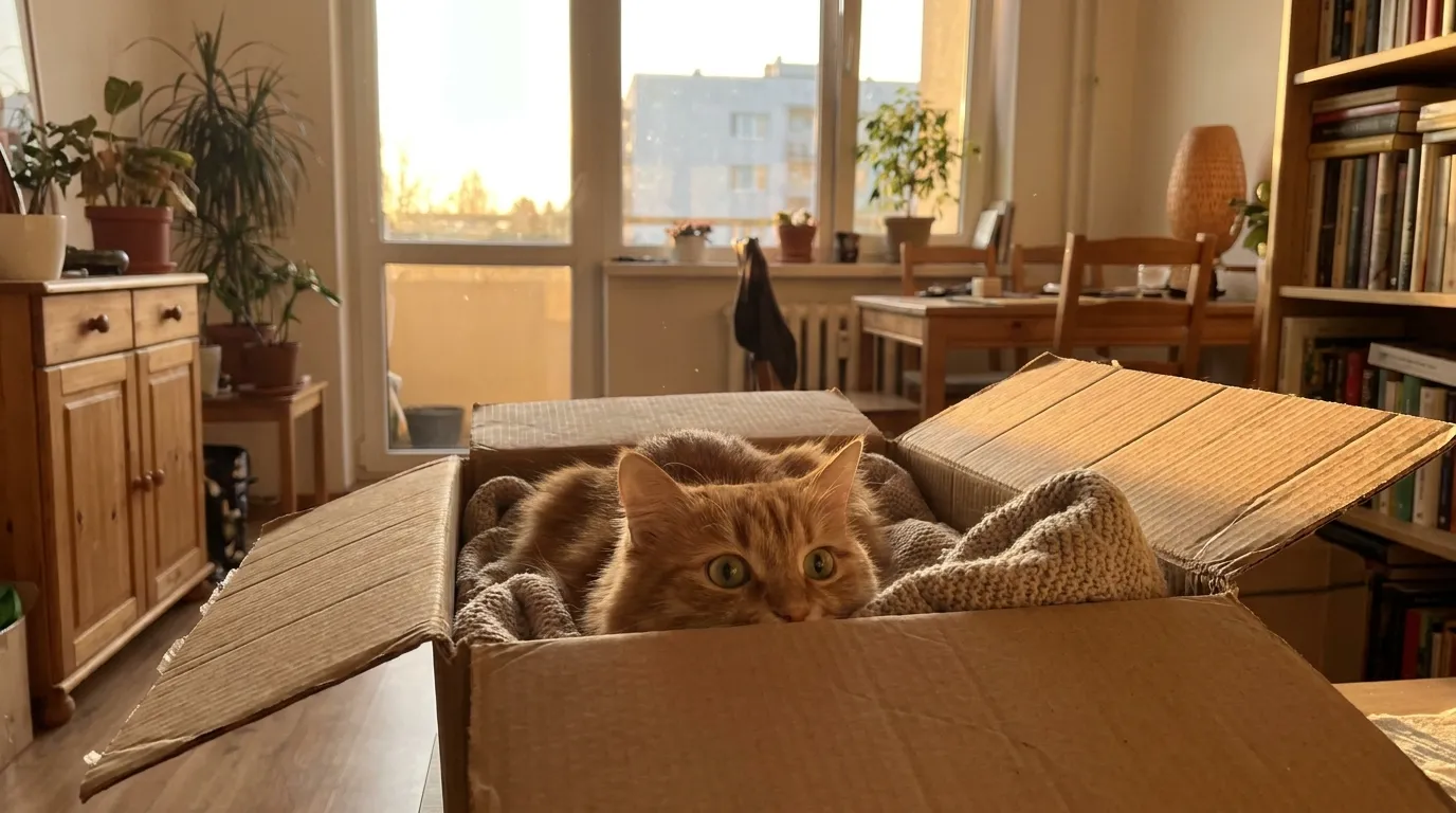 new cat hiding all day is this normal — a cat peering out with cautious eyes from deep inside a cardboard box in a softly lit apartment