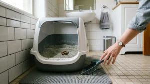  litter box proxy check — a clean litter box in an apartment bathroom being inspected for signs of us