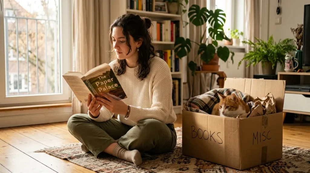 environmental enrichment for hiding cat — a person sitting on the floor reading near a cardboard box where a cat is hiding inside