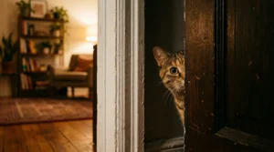 cat periscope phase — a cat's head peeking around an apartment doorframe to check the room