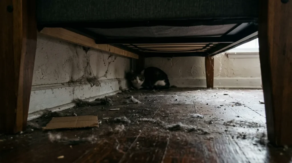 cat hiding under bed problem — a cat pressed against the far wall under an apartment bed completely out of reach
