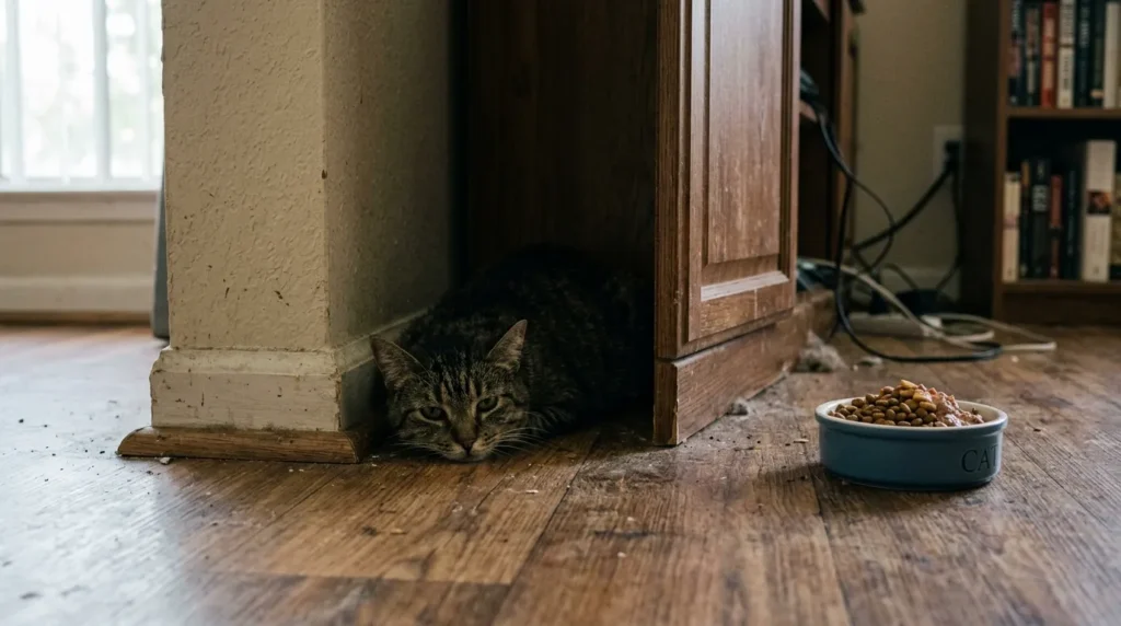 cat stress hiding warning signs — a lethargic cat lying flat in a hiding spot that has not moved for hours with food bowl untouched nearby