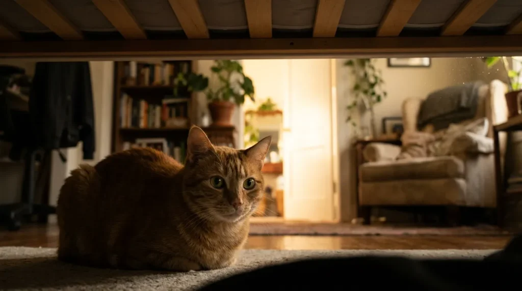 new cat hiding all day is this normal — a cat pressed against the back wall under a bed in a dim apartment room