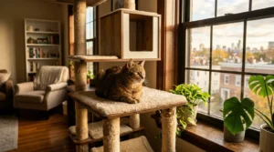  vertical space for cats — a cat perched on a mid-height cat tree near an apartment window