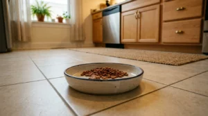 whisker fatigue prevention — a wide shallow ceramic cat food bowl on a kitchen floor