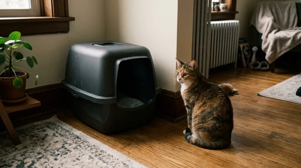new cat owner checklist mistake — an unused covered litter box sitting in a corner while a cat sits on the floor beside it