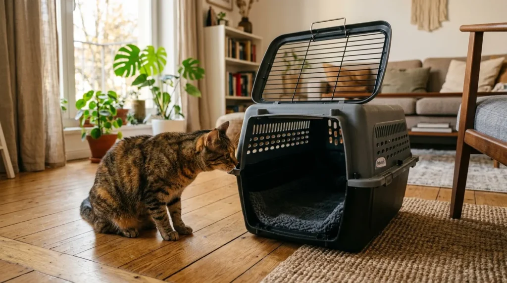 new cat owner checklist what to buy — a top-loading cat carrier open on a living room floor with a curious cat peeking inside
